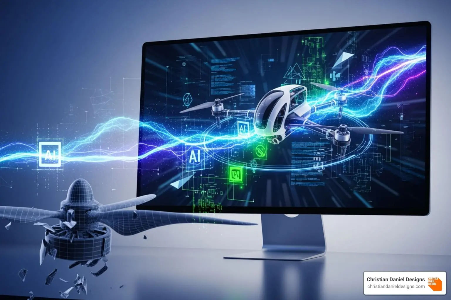 AI-powered video editing and web design tools on a computer screen.