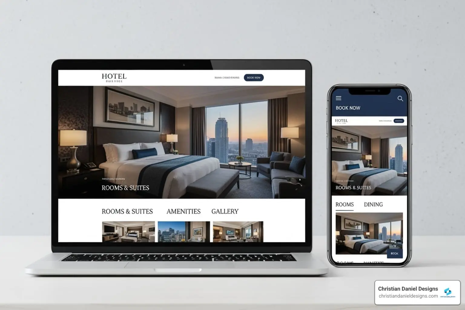 Hotel website design on laptop and mobile by NYC web designer.