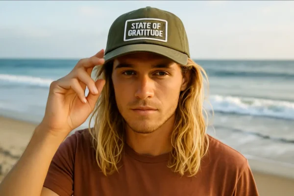 Person on beach wearing 'State of Gratitude' cap, NYC web designer inspiration.