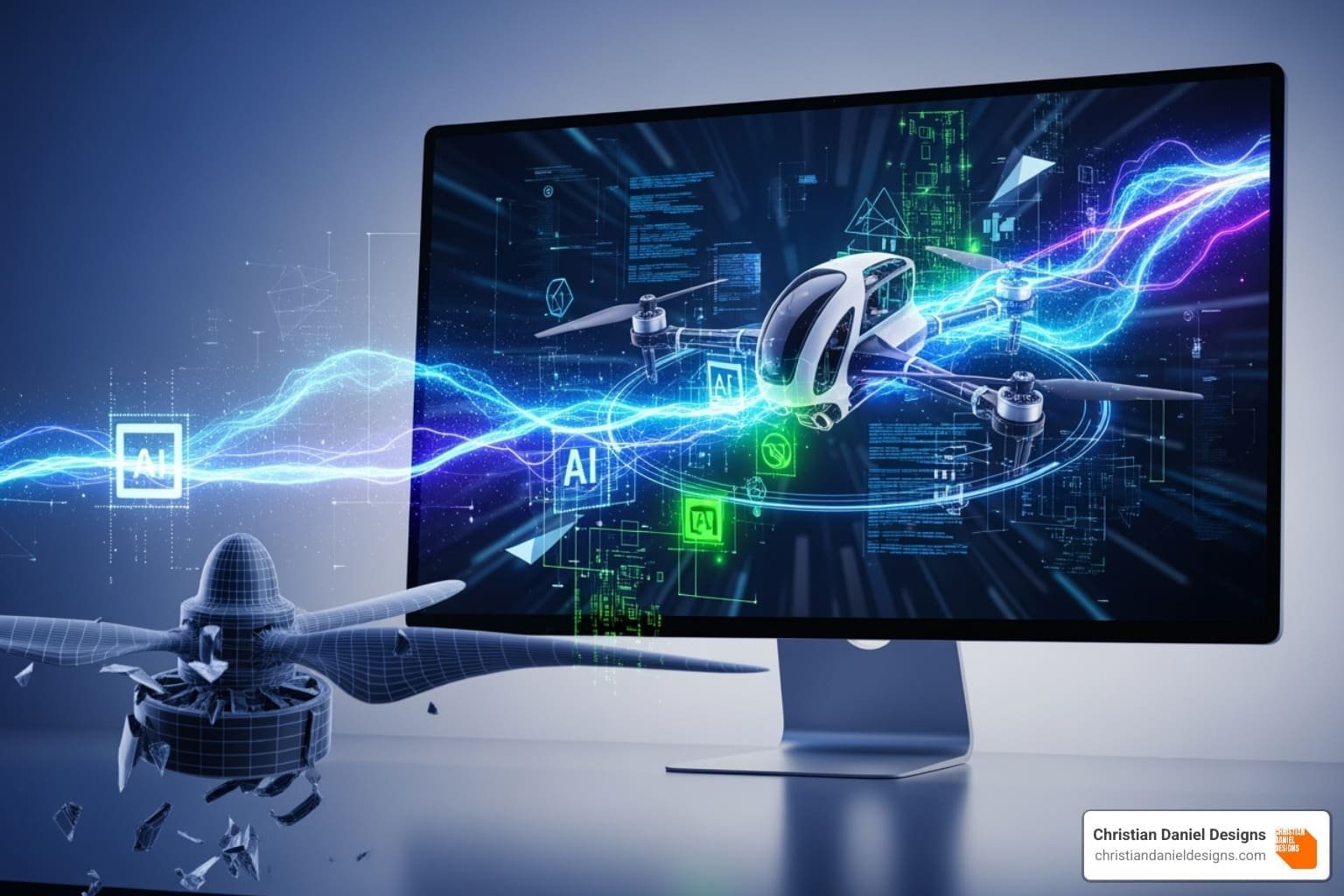 AI-powered video editing and web design tools on a computer screen.