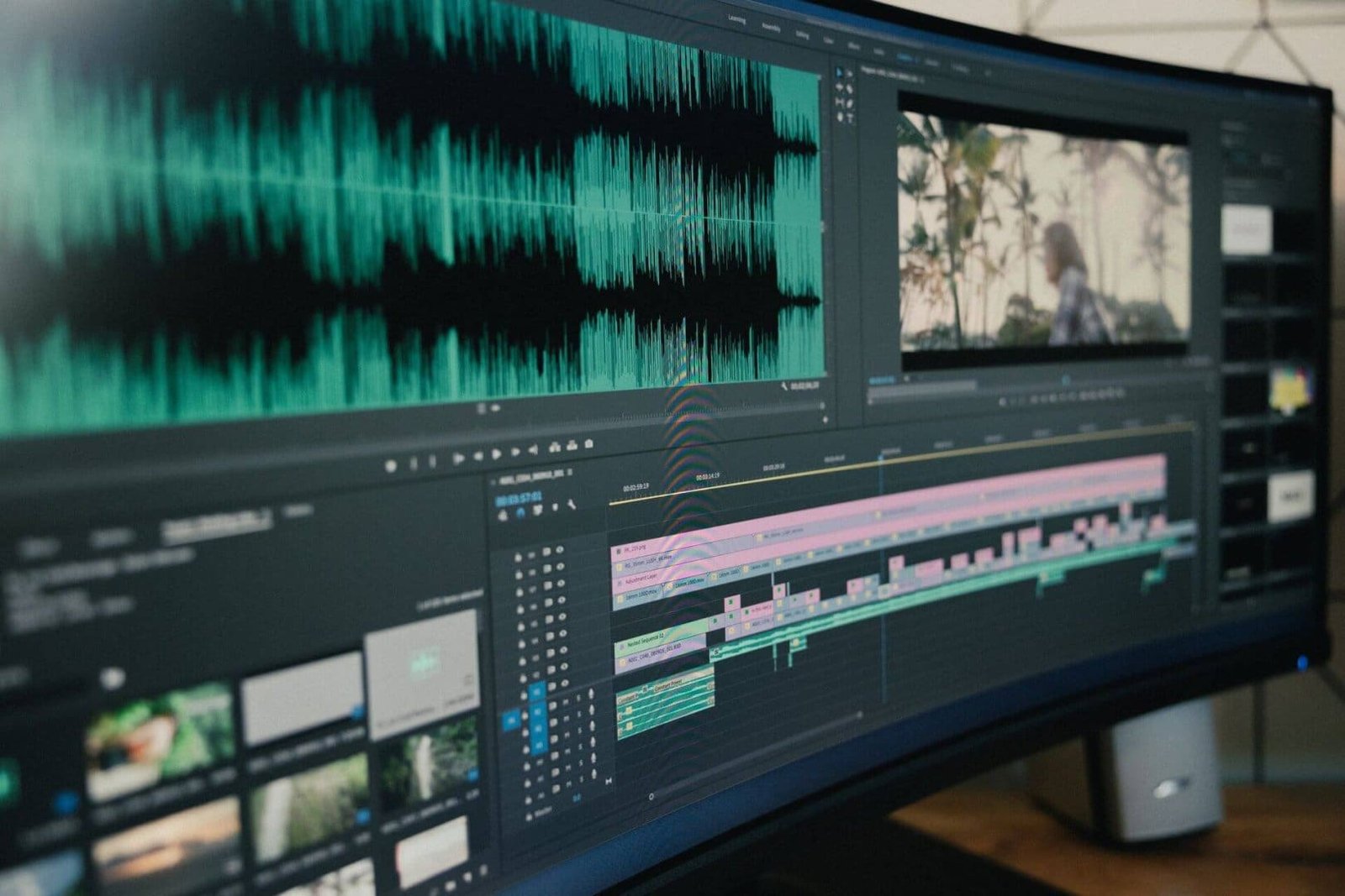 NYC video editor working on a project timeline on a curved monitor, adding video in web design