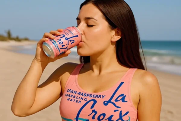 Woman on beach drinking La Croix, NYC video editor and web designer inspiration.