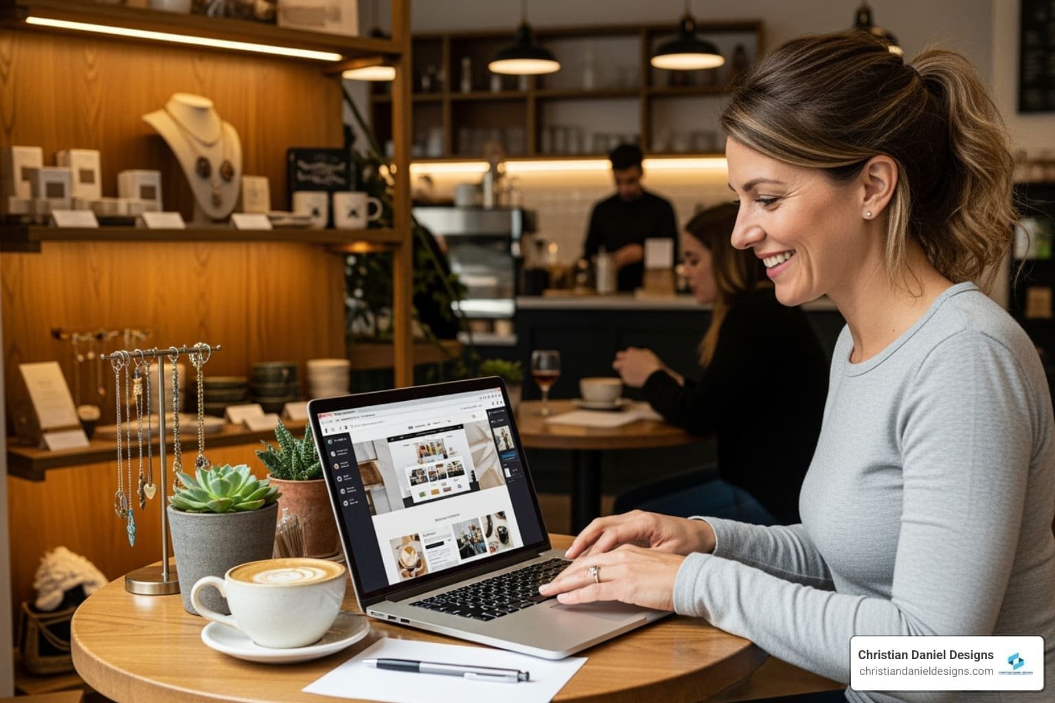 NYC web designer working on Squarespace website design in a cafe.